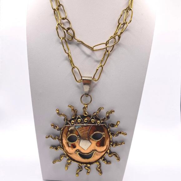 Vintage Artisan Mixed Metal Sun Pendant Necklace – 24” Handmade Smiling Design - Picture 2 of 5